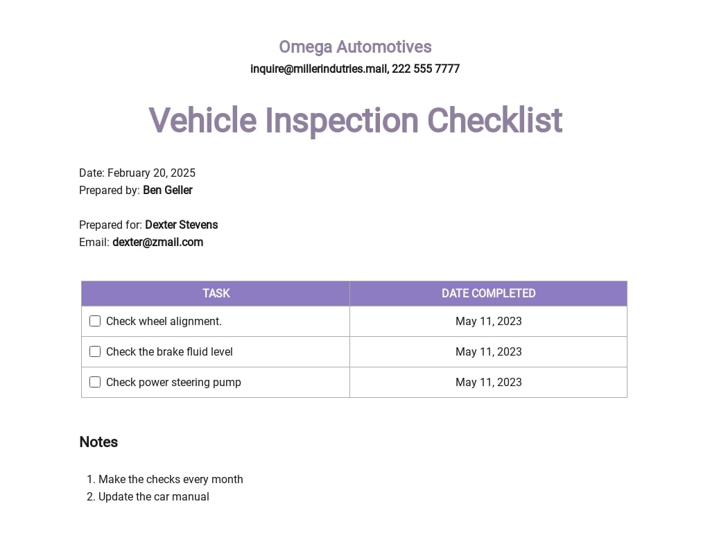 10+ Vehicle Checklist Templates Free Downloads