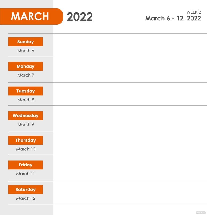 Weekly March 2022 Calendar Vector