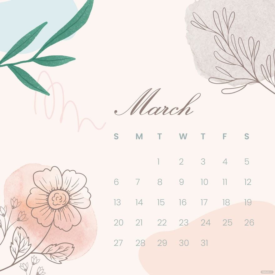 Floral March Calendar Vector