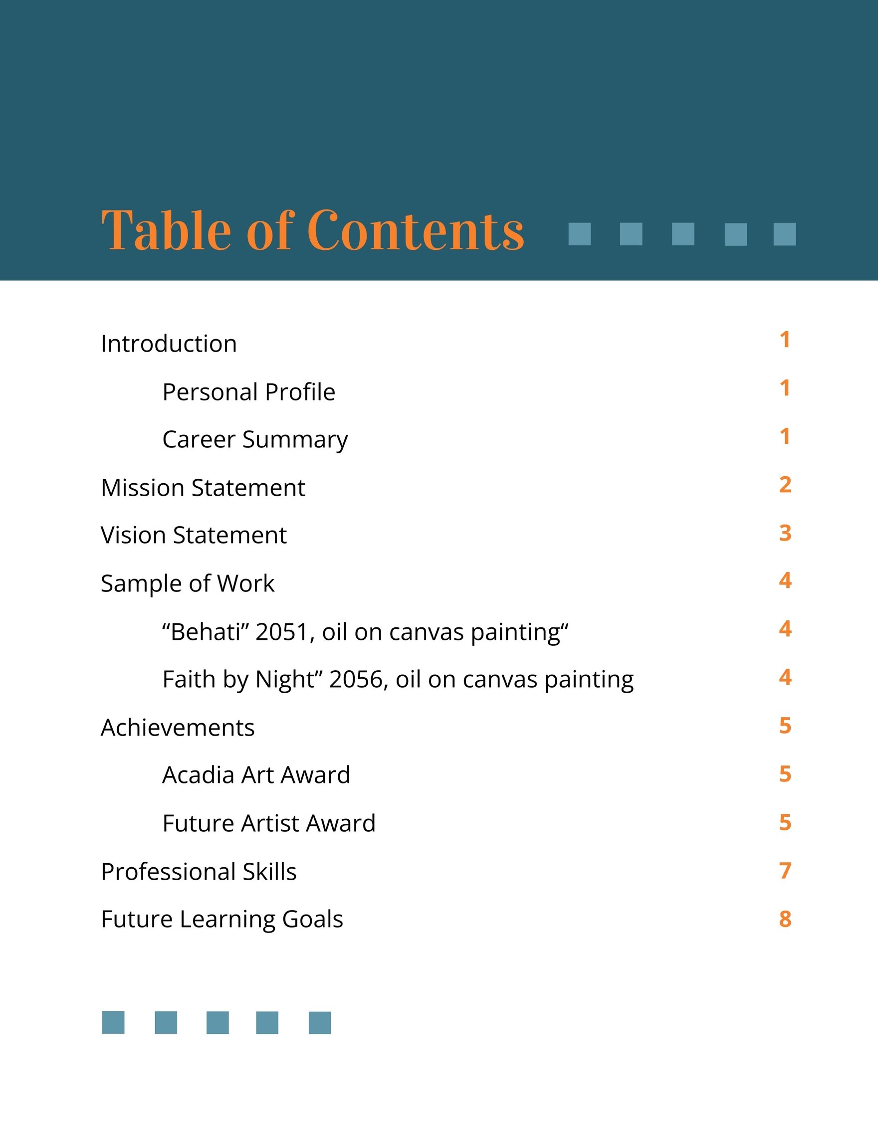Career Portfolio Table Of Contents Template