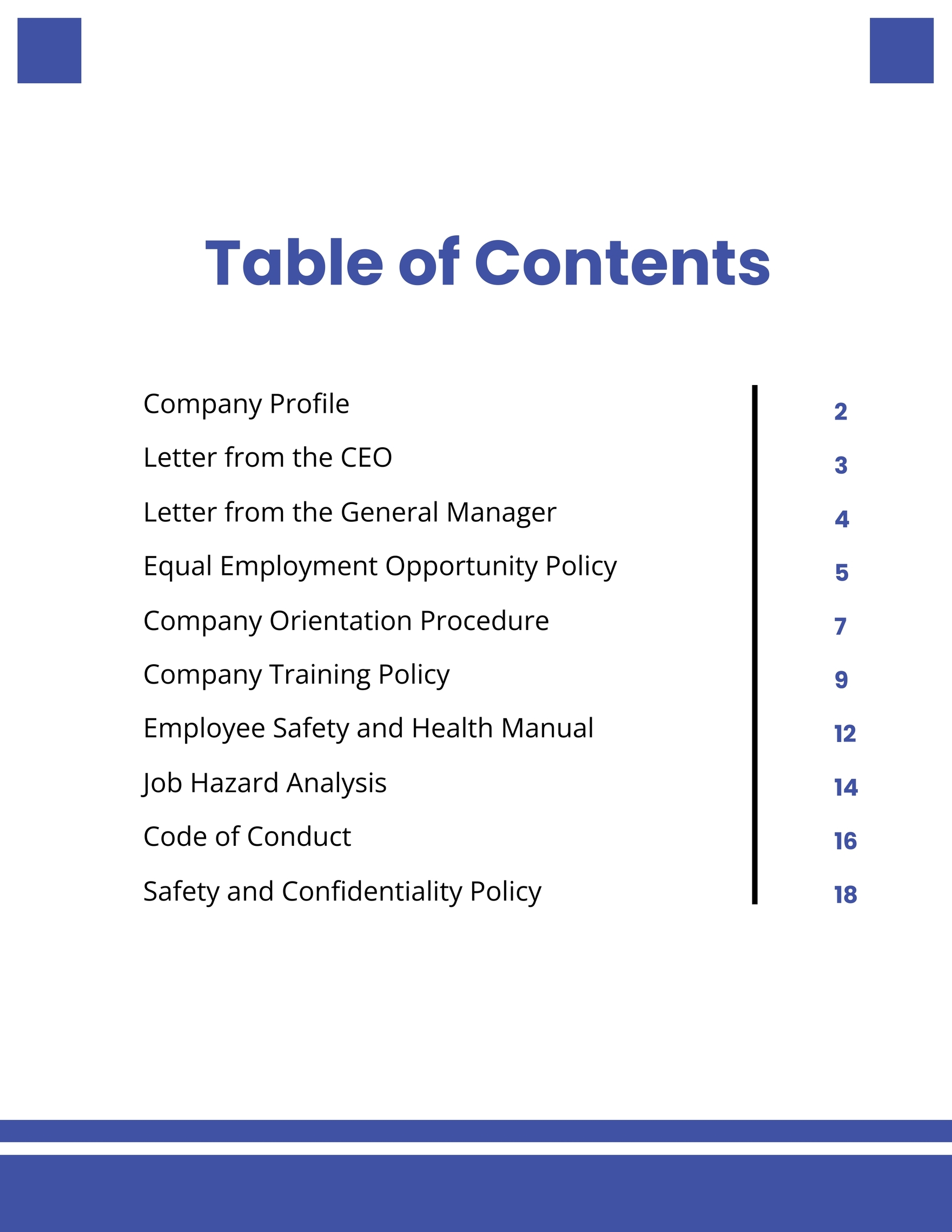 Free Employee Handbook Table Of Contents Template