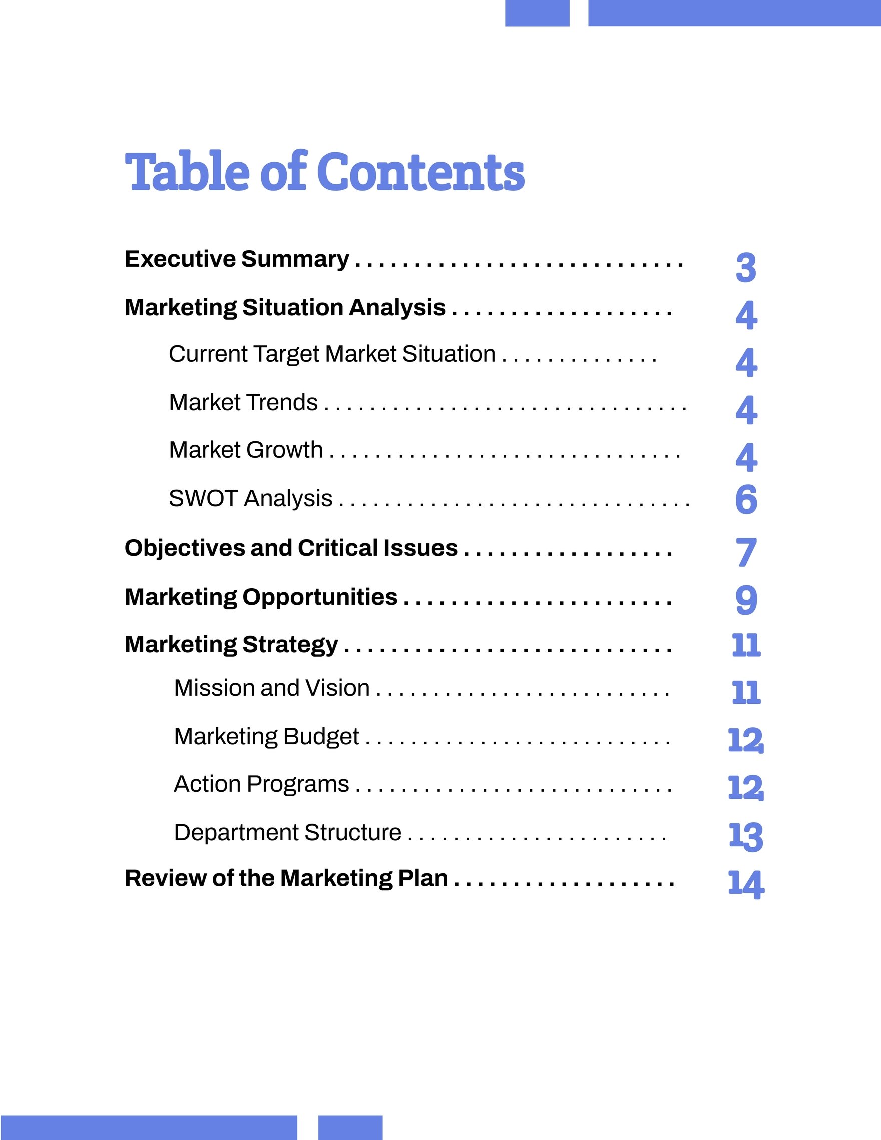 Marketing Plan Table Of Contents Template