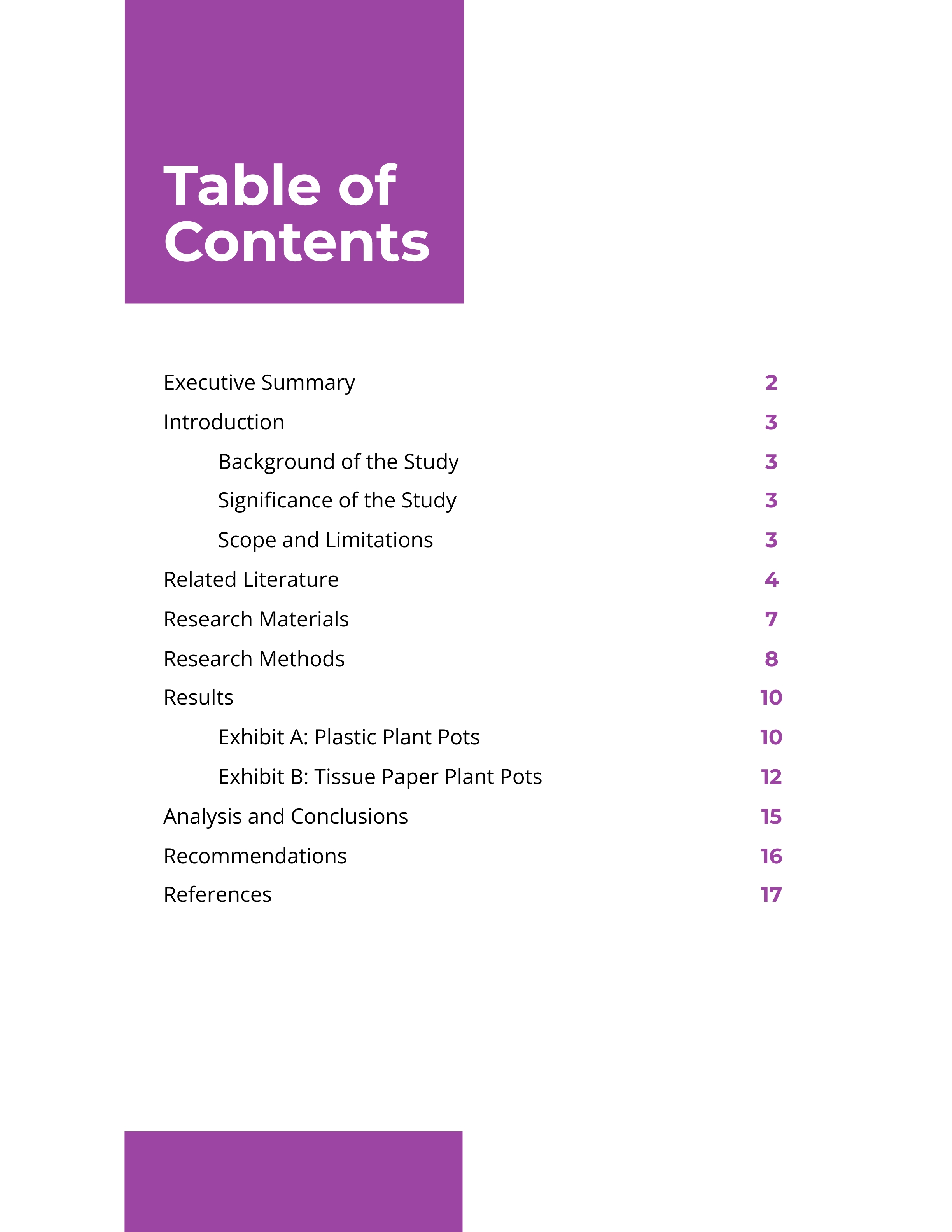 table of contents for business plan example