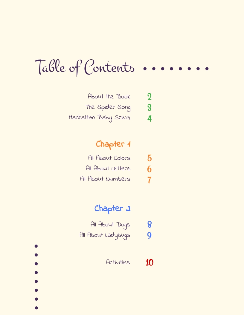 table of contents example kids