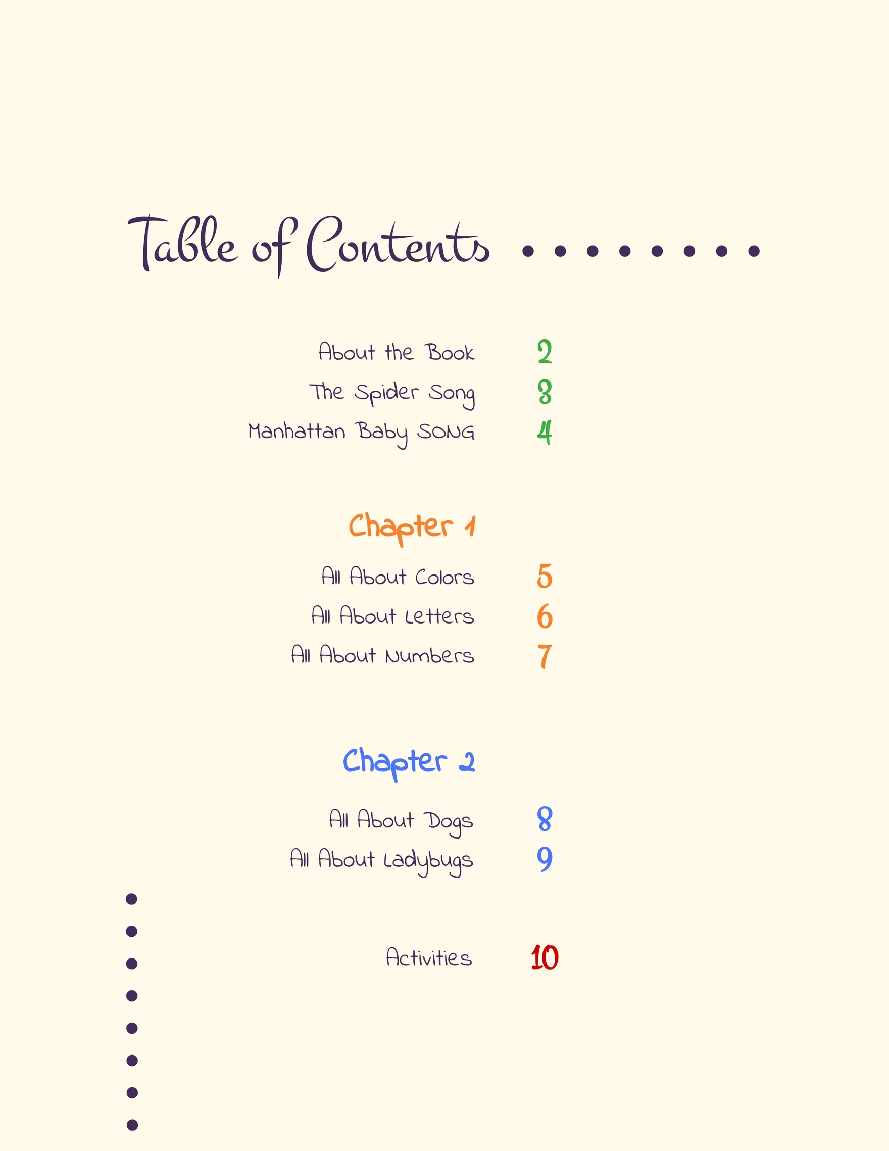 table of contents examples for kids