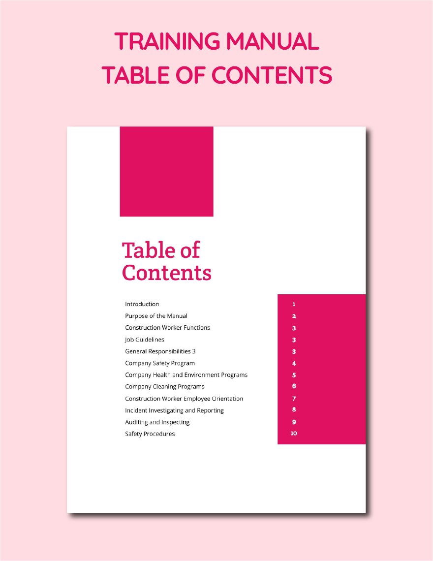 Training Manual Table Of Contents Template