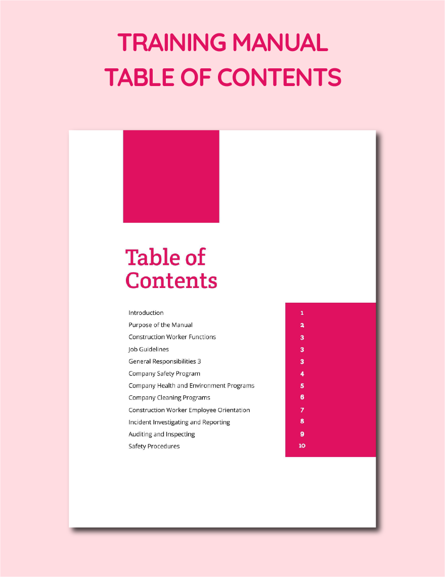 Free Training Manual Table Of Contents Template