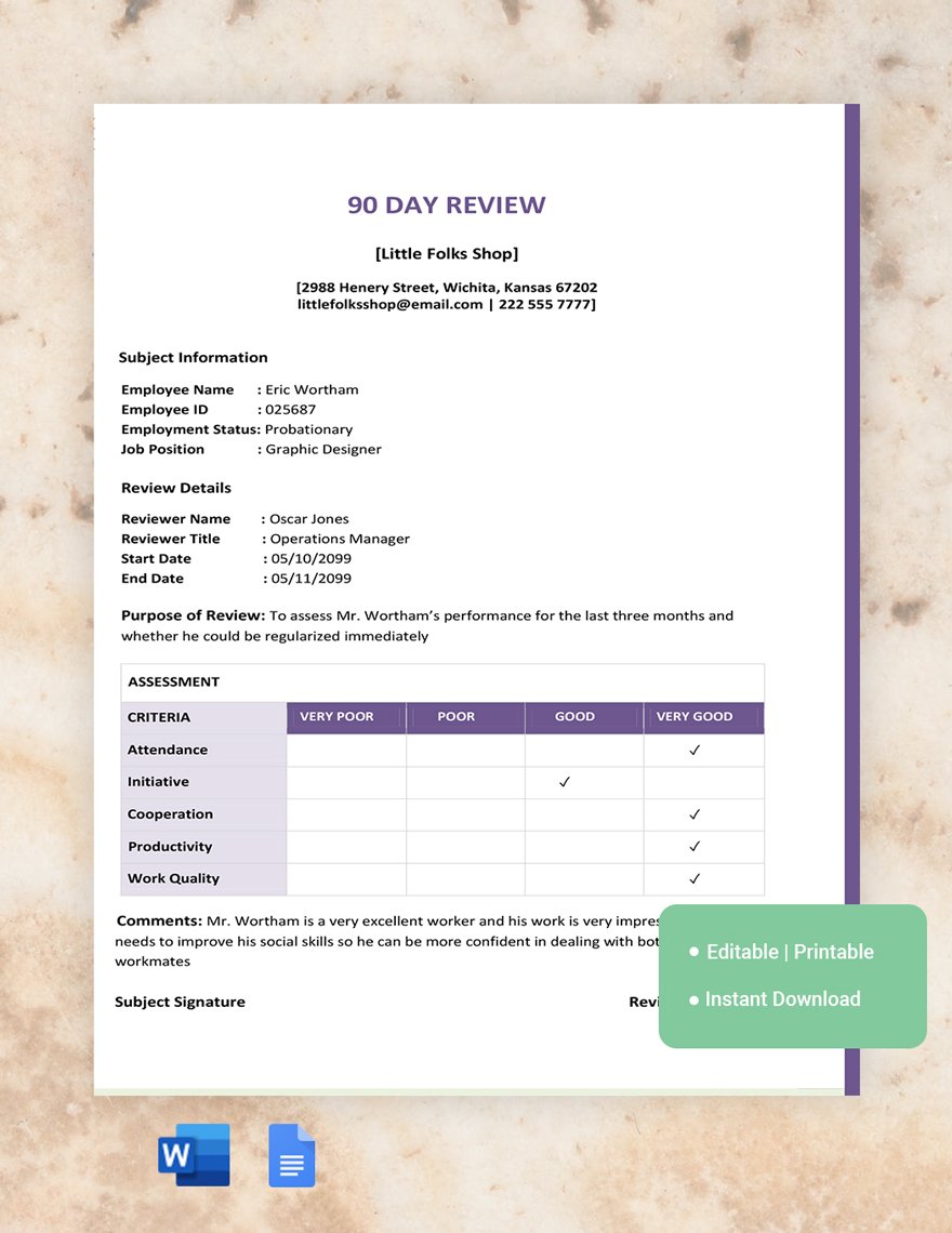 90 Day Review Template in Word, Google Docs