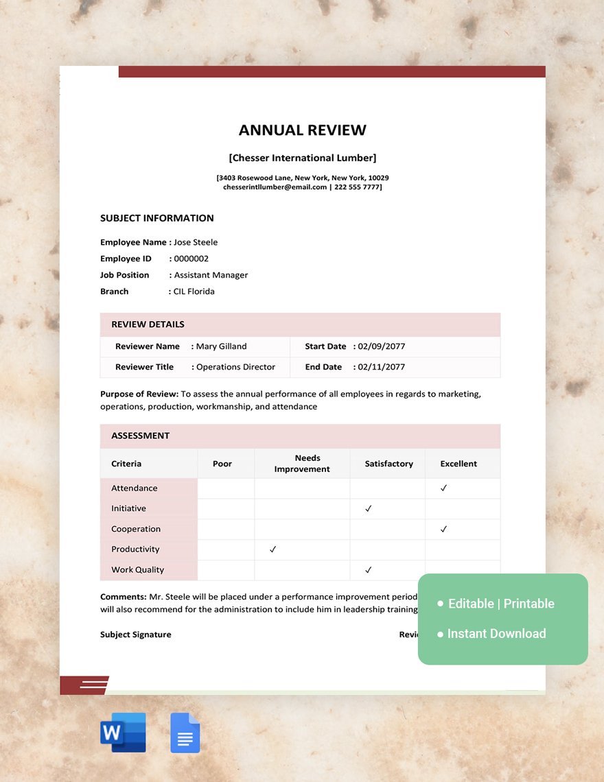 Annual Review Template in Word, Google Docs, PSD