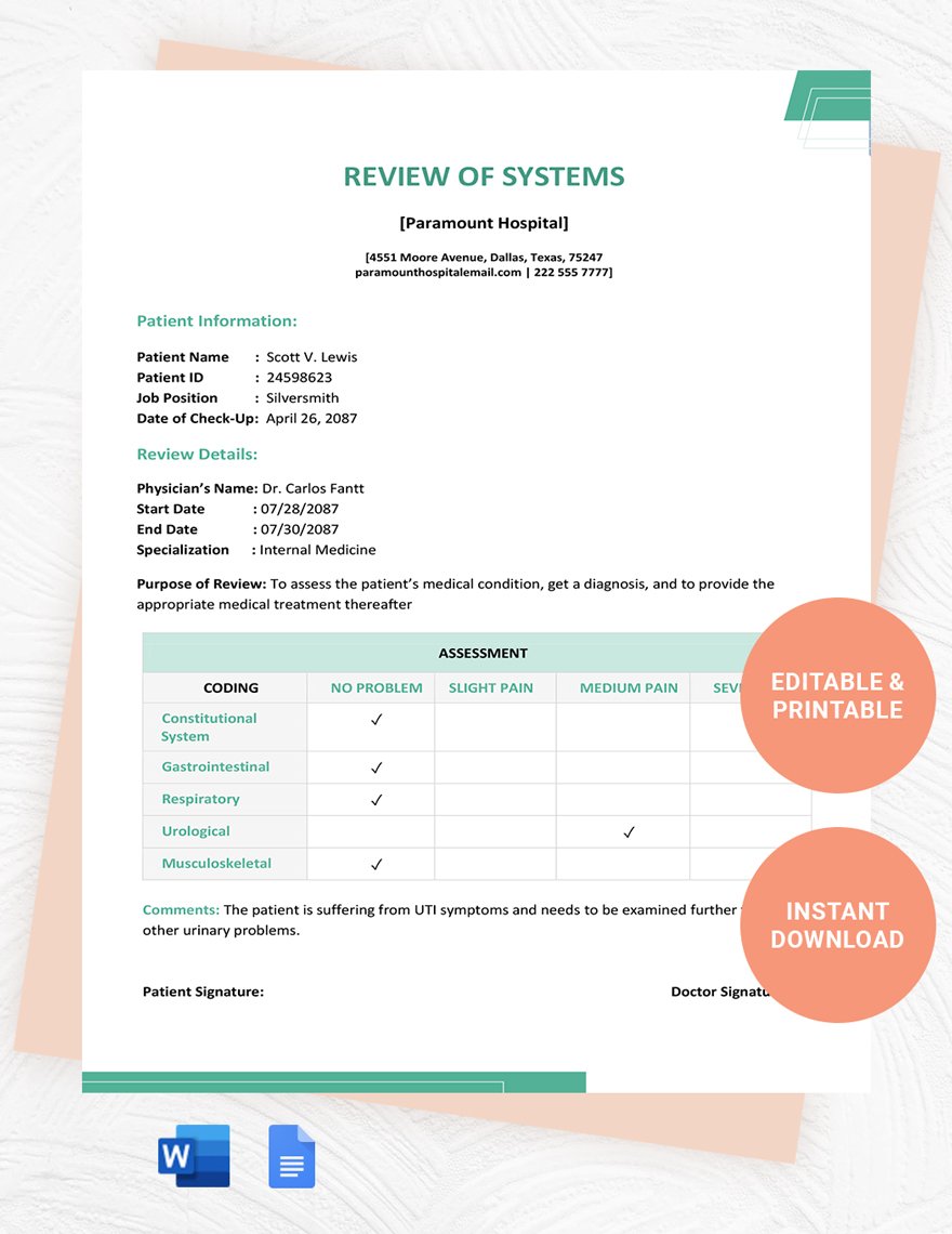 Review of Systems Template in Word, Google Docs