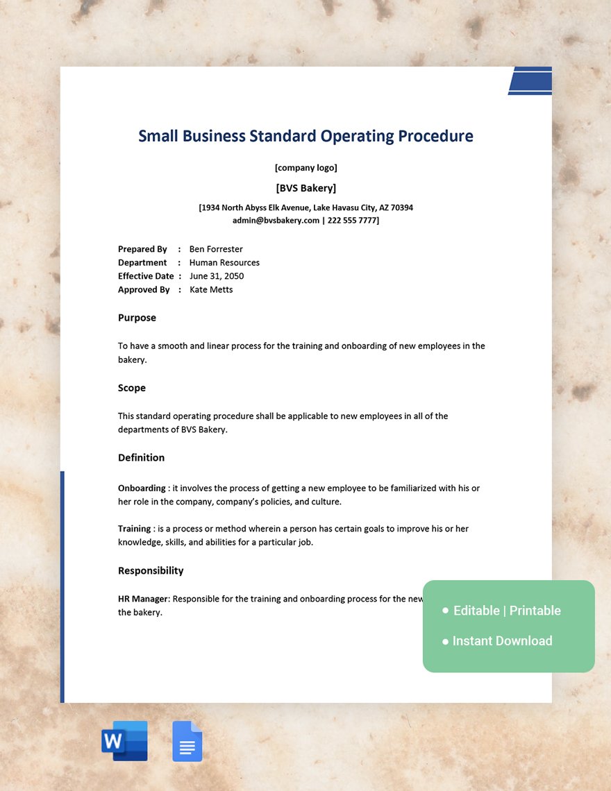 Small Business Standard Operating Procedure Template
