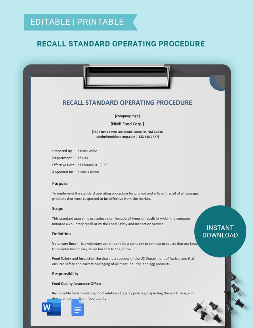 Recall Standard Operating Procedure Template