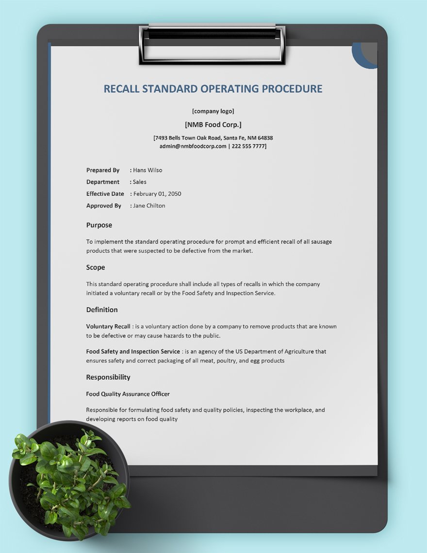 Recall Standard Operating Procedure Template Download in Word, Google