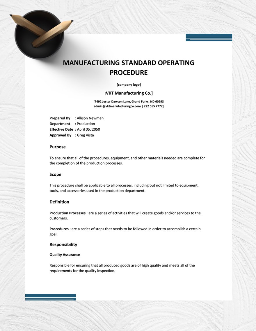 Manufacturing Standard Operating Procedure Template