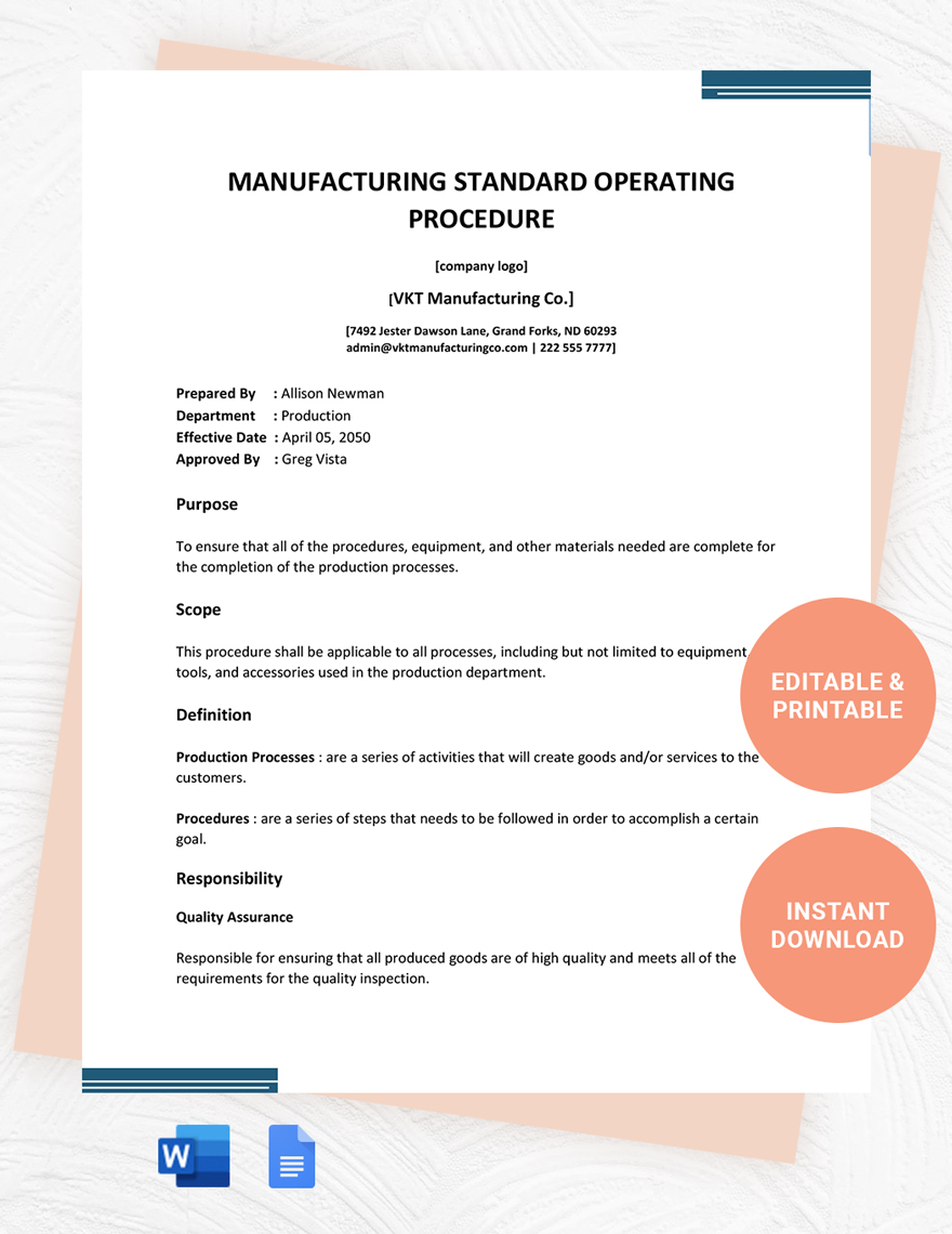 Manufacturing Standard Operating Procedure Template