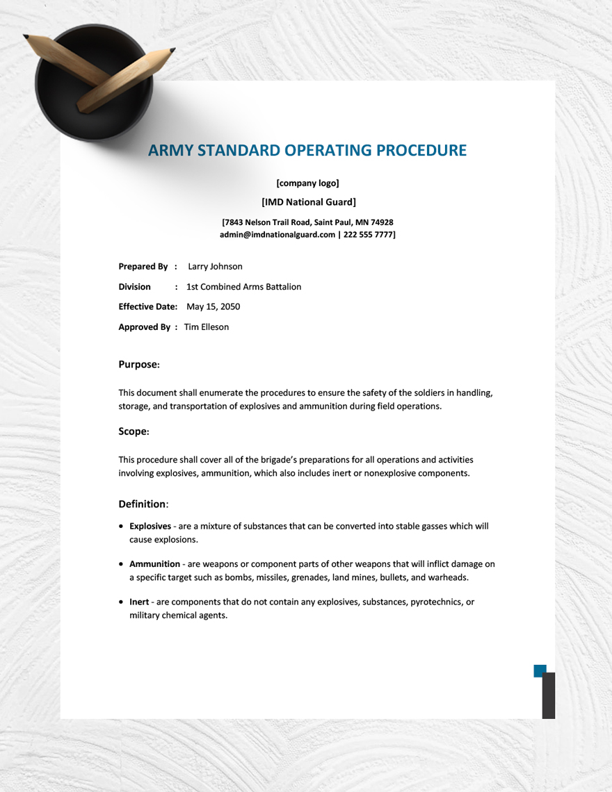 Army Standard Operating Procedure Template Download in Word, Google