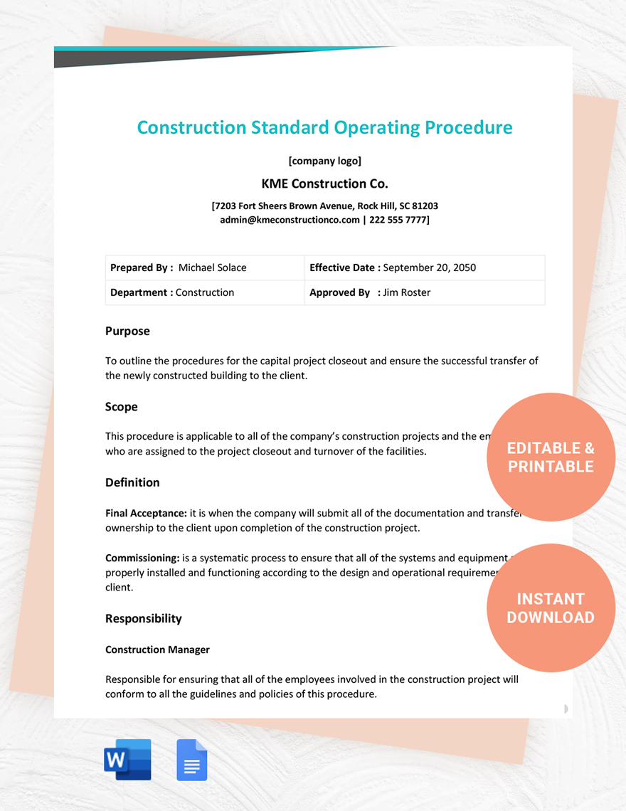 Construction Standard Operating Procedure Template