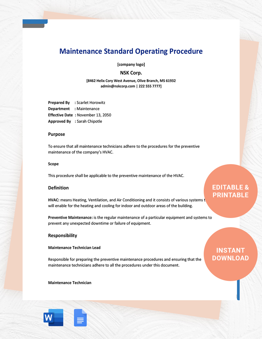 Maintenance Standard Operating Procedure Template in Word, Google Docs