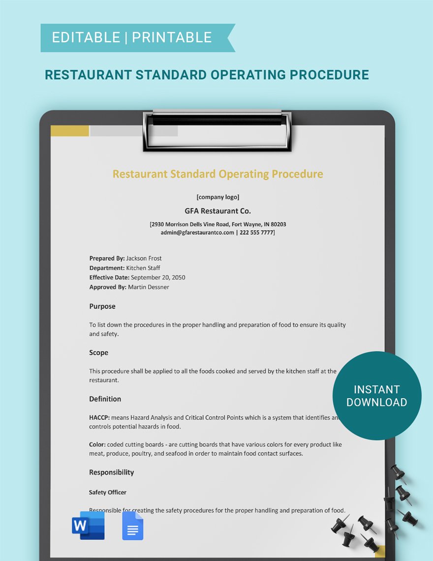 Restaurant Standard Operating Procedure Template