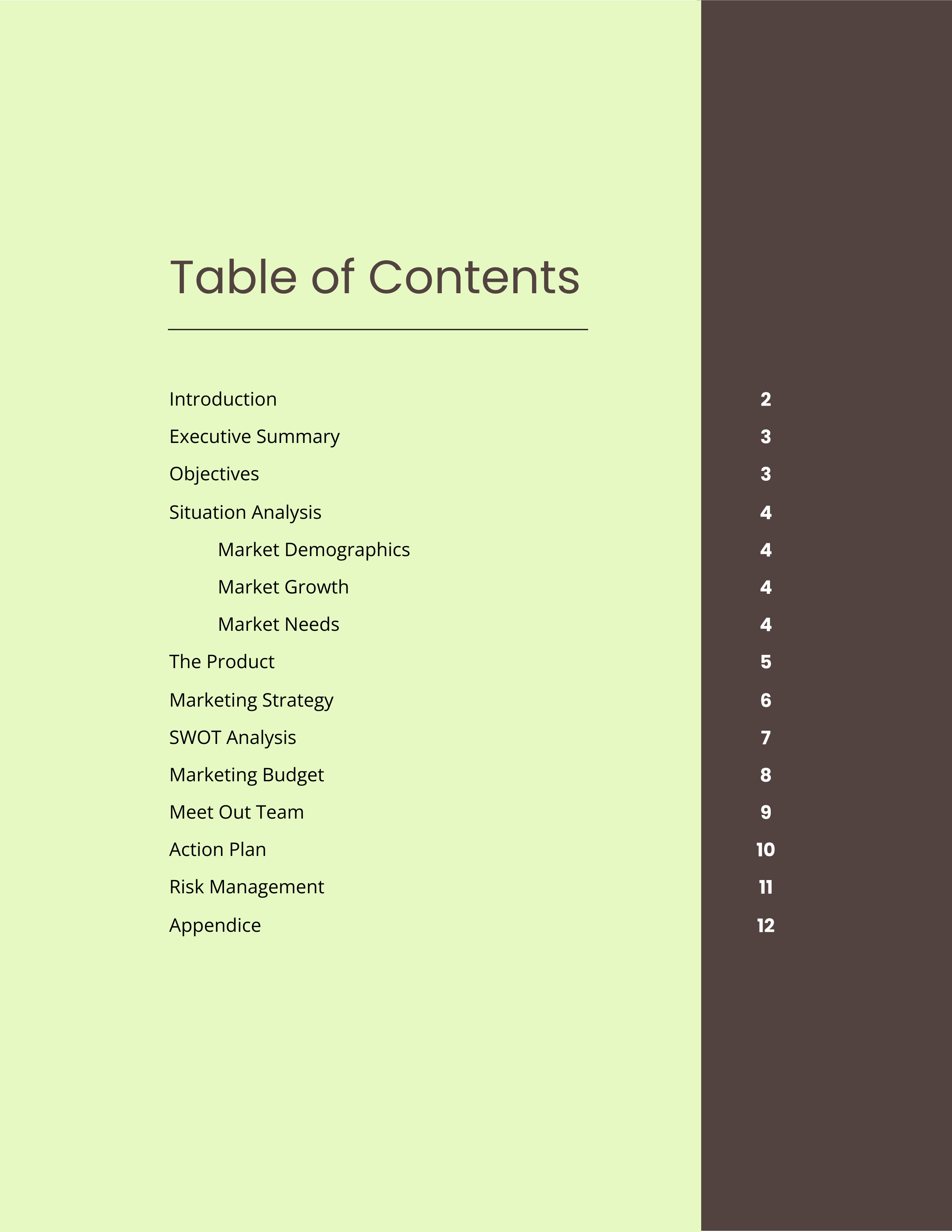 table of contents business plan example