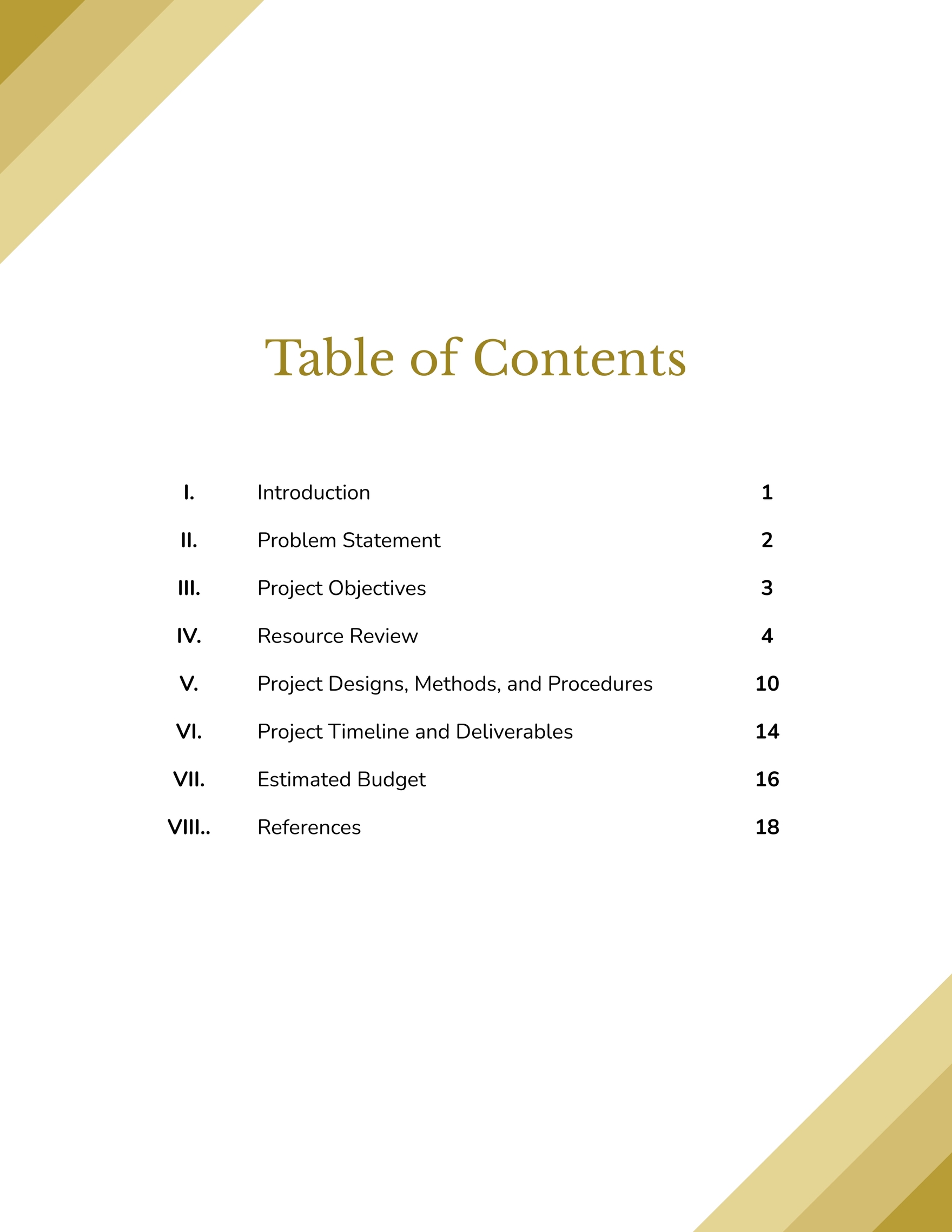 table of contents for a research proposal