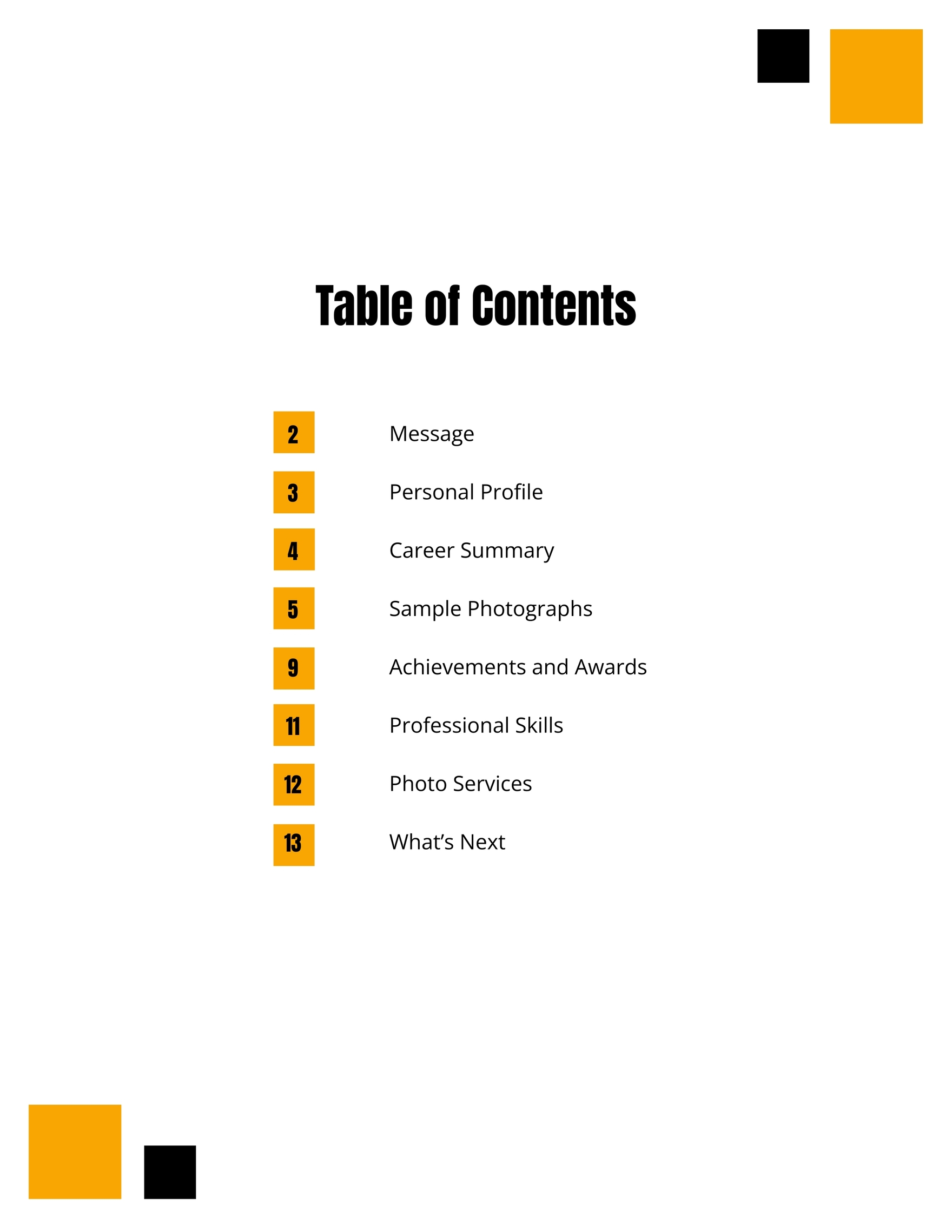 Portfolio Table of Contents Template Download in Word, Google Docs