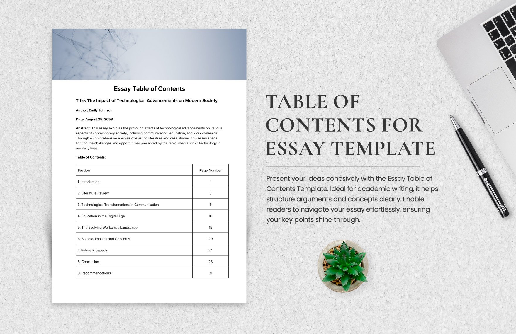 Free Essay Table of Contents Template