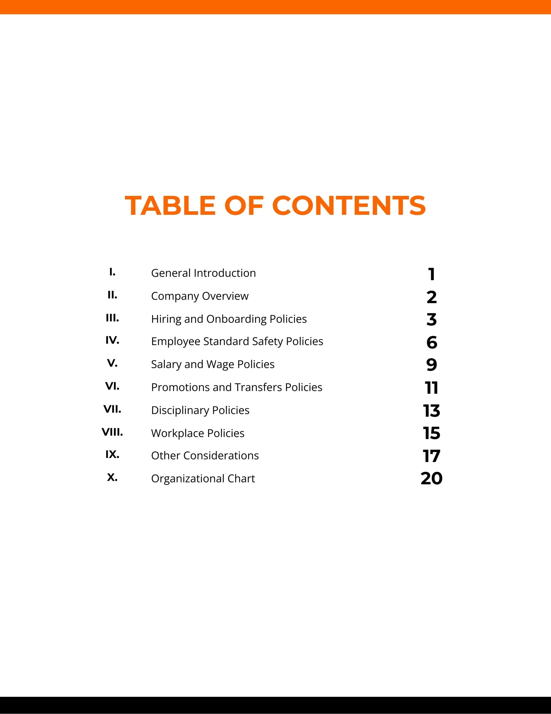 Policy Table Of Contents Template