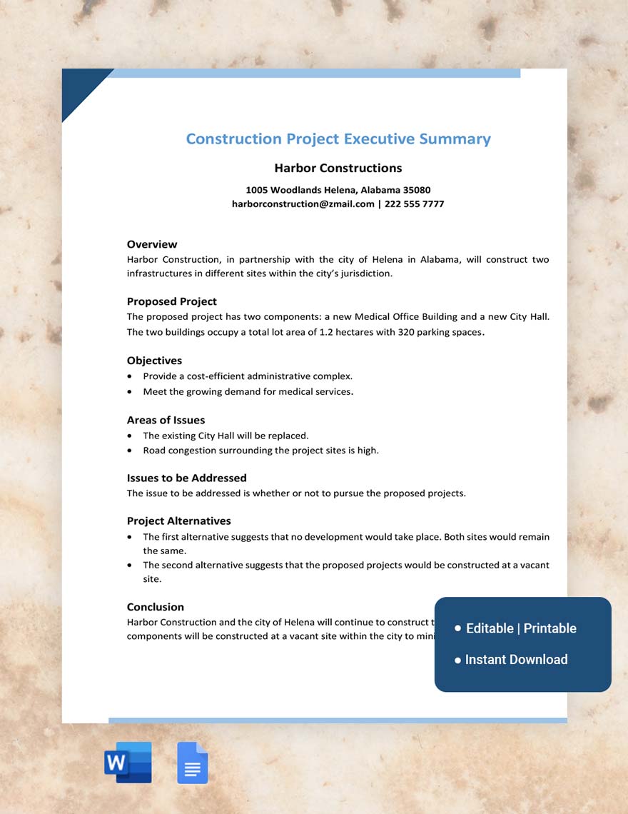 Construction Project Executive Summary Template in Word, Google Docs