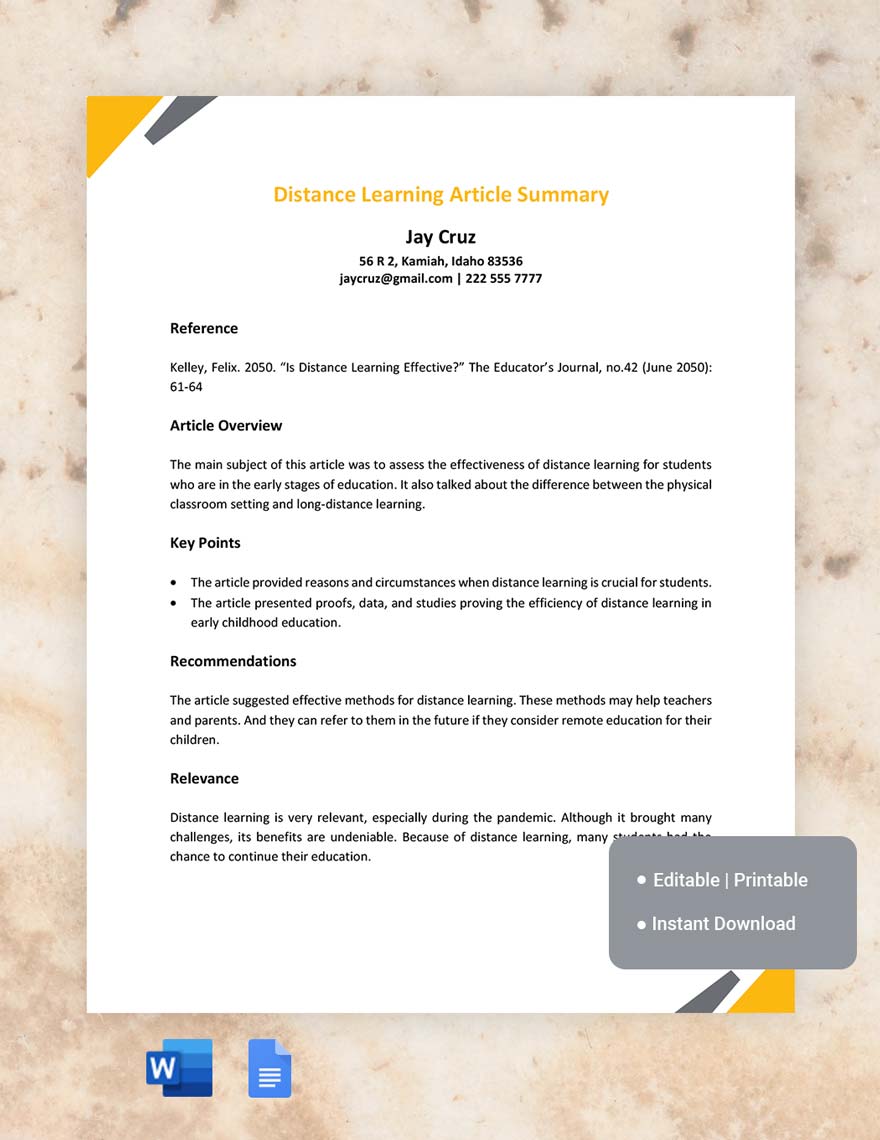 Distance Learning Article Summary Template in Word, Google Docs