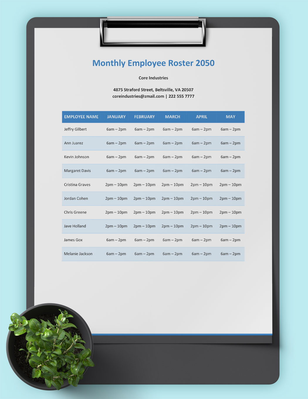 Monthly Employee Roster Template