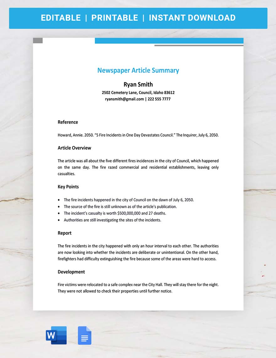 Newspaper Article Summary Template in Word, Google Docs