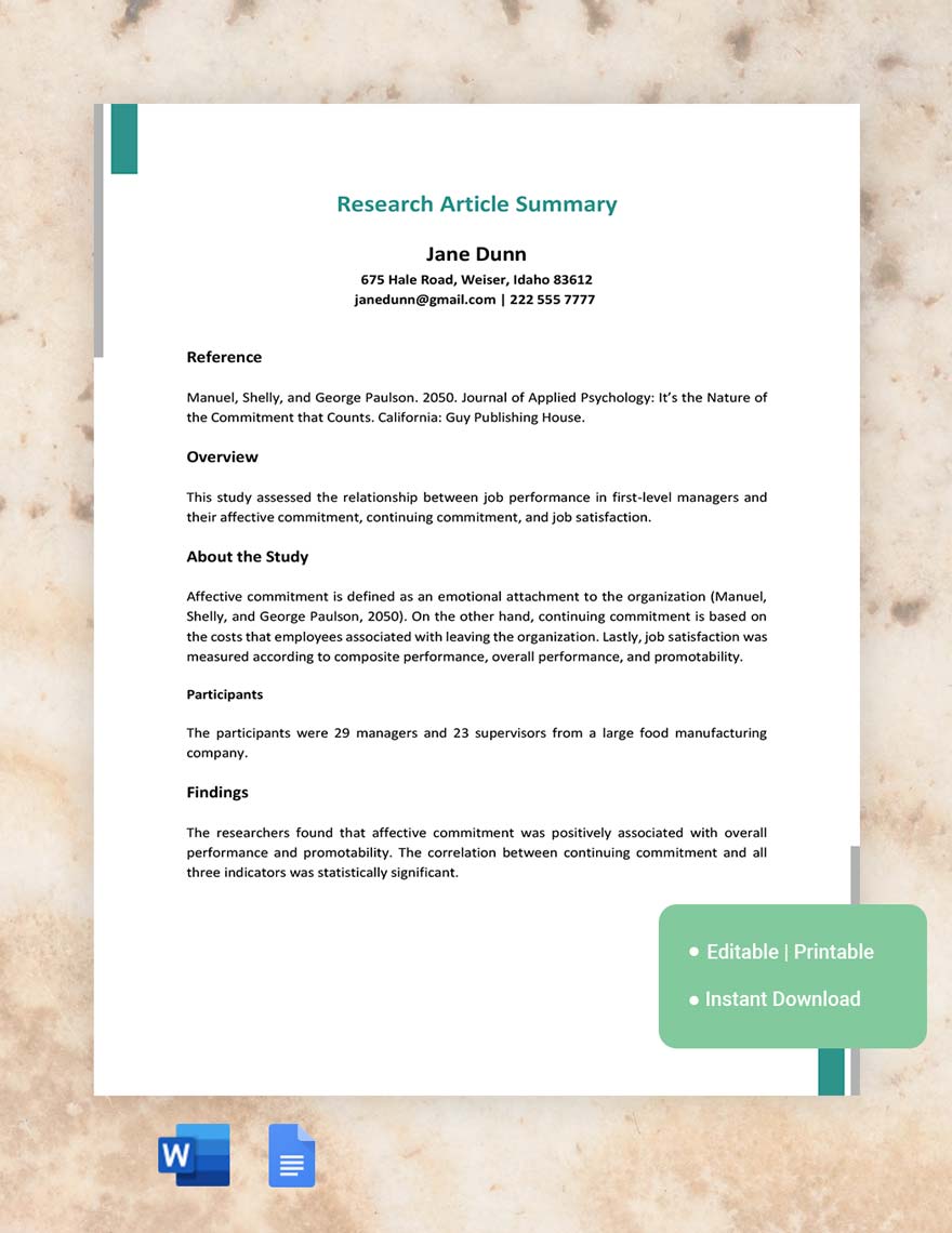 Research Article Summary Template