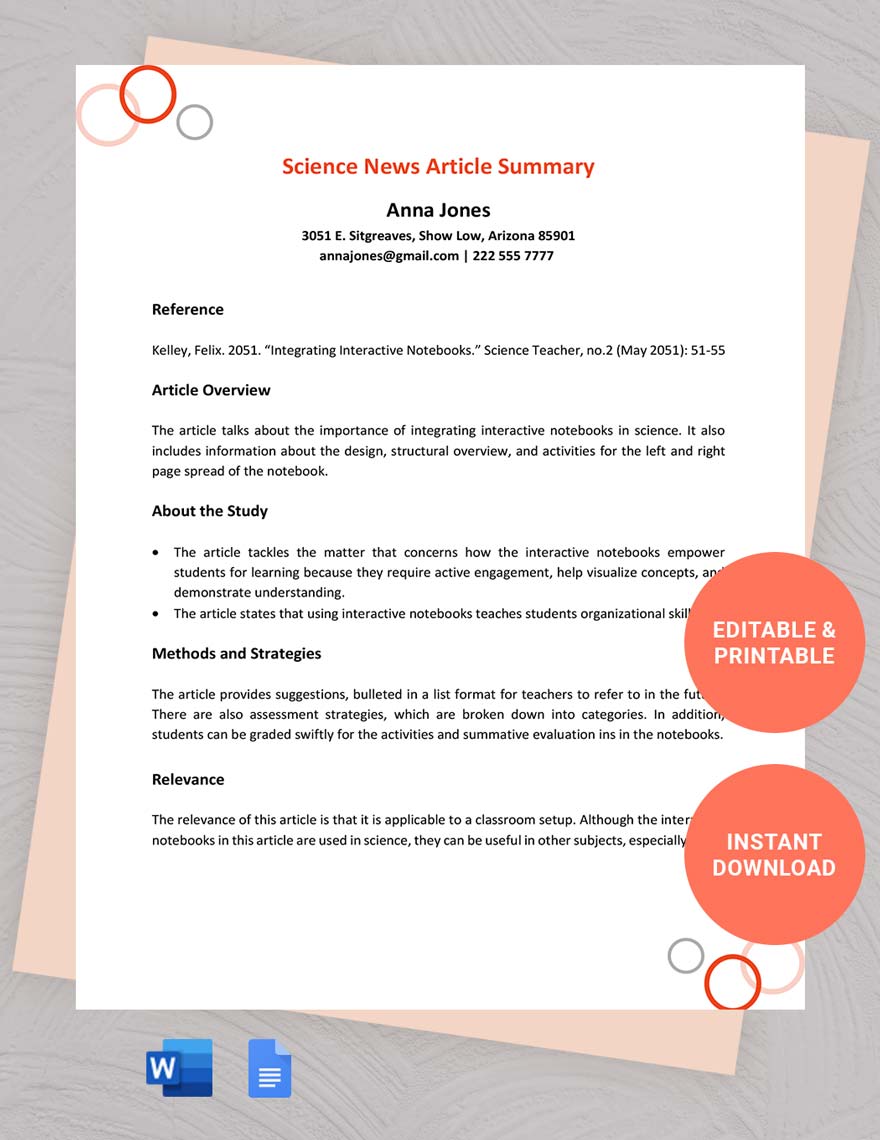 Science News Article Summary Template in Word, Google Docs