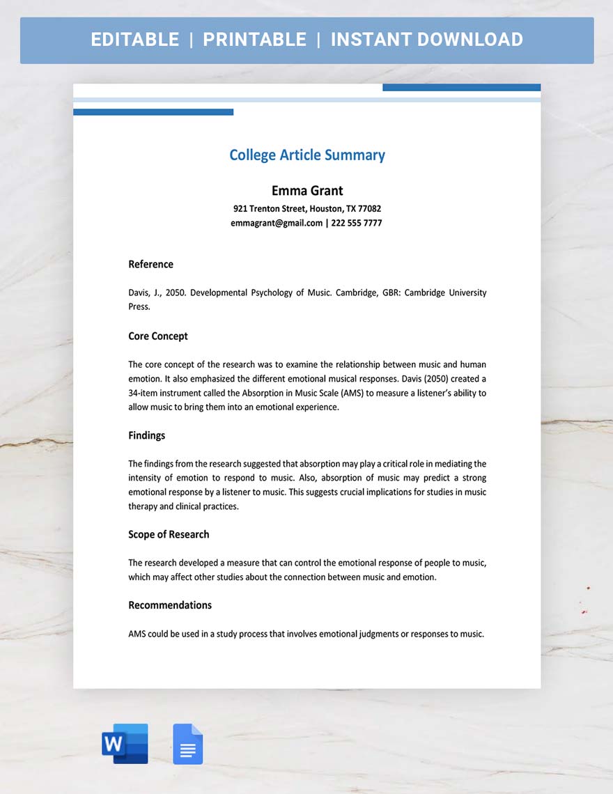 College Article Summary Template