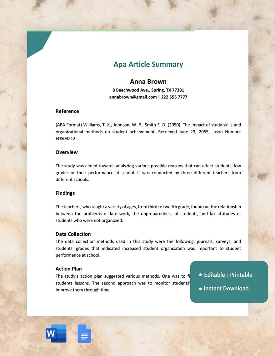 APA Article Summary Template in Word, Google Docs, Apple Pages