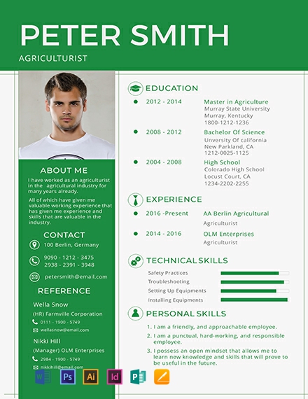 Agriculturist Resume Template - Illustrator, InDesign, Word, Apple Pages, PSD, Publisher