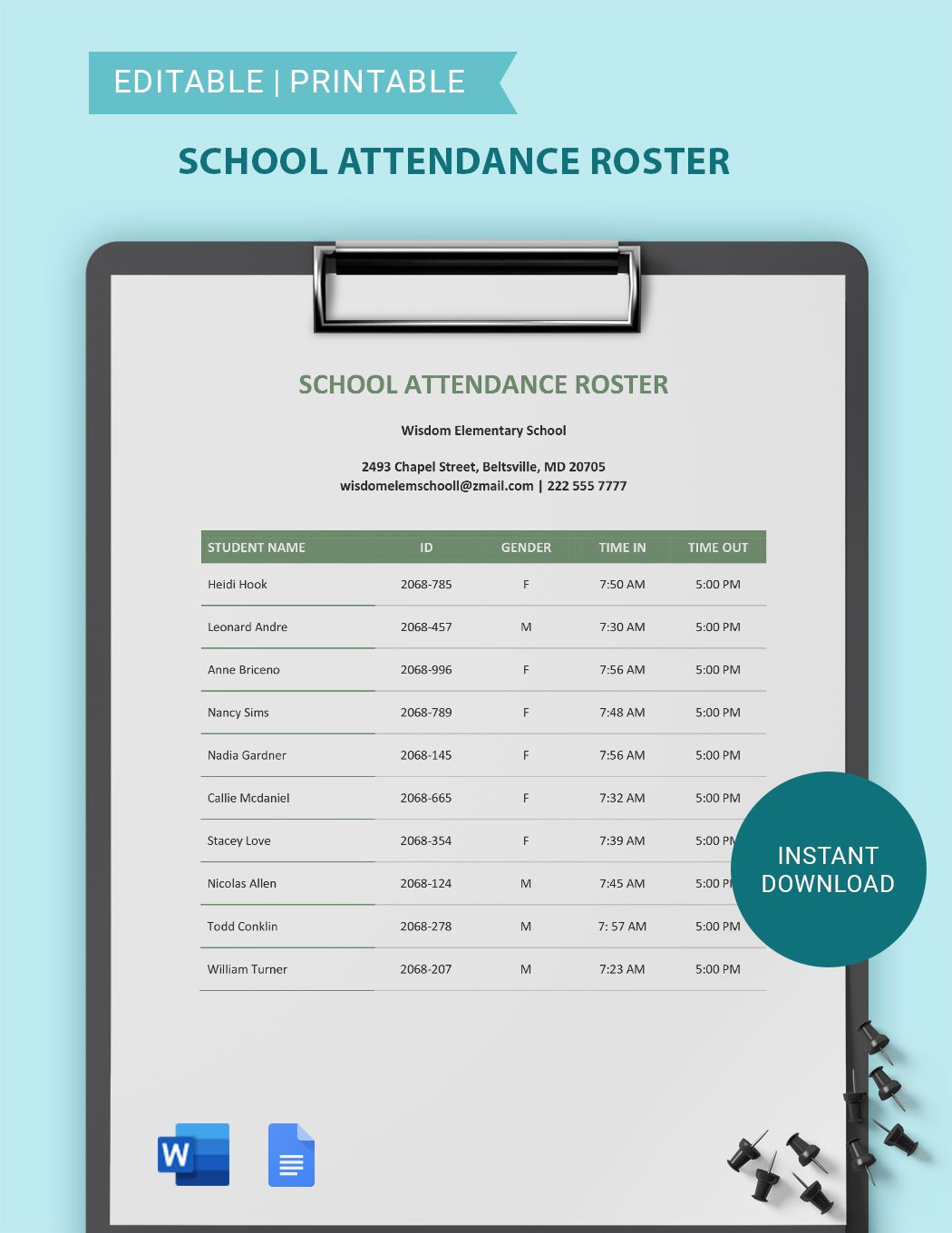 School Attendance Roster Template