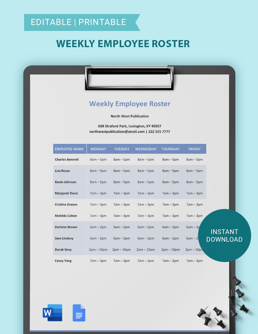 Weekly Employee Roster Template in Word, Google Docs