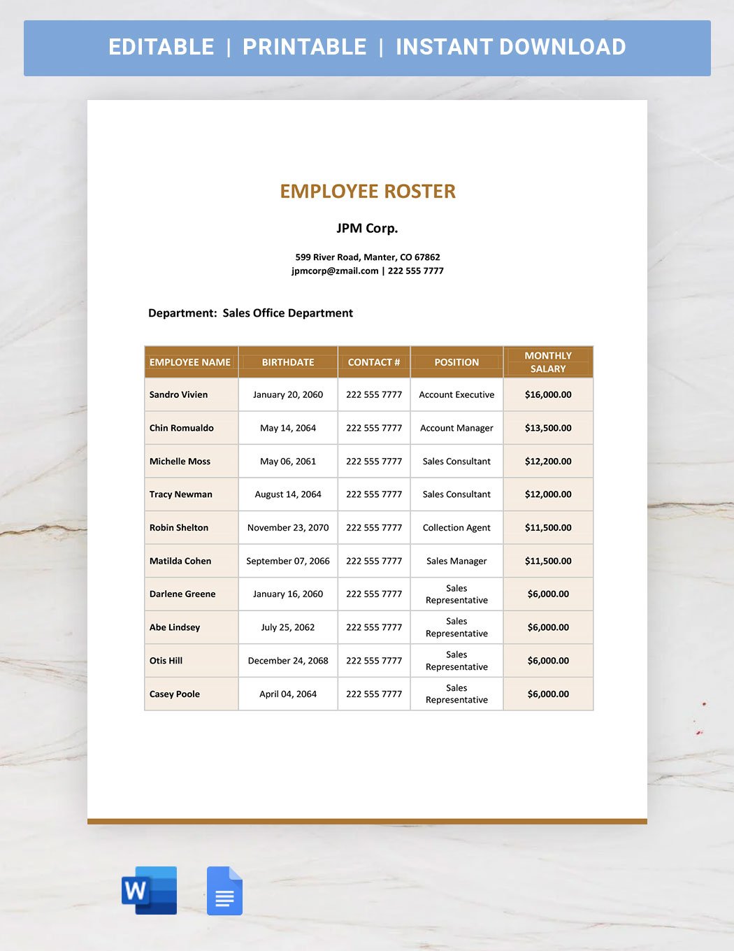 Blank Employee Roster Template