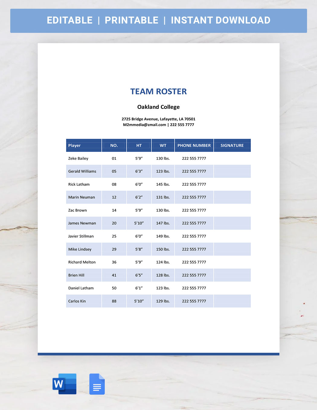 Team Roster Template Google Sheets