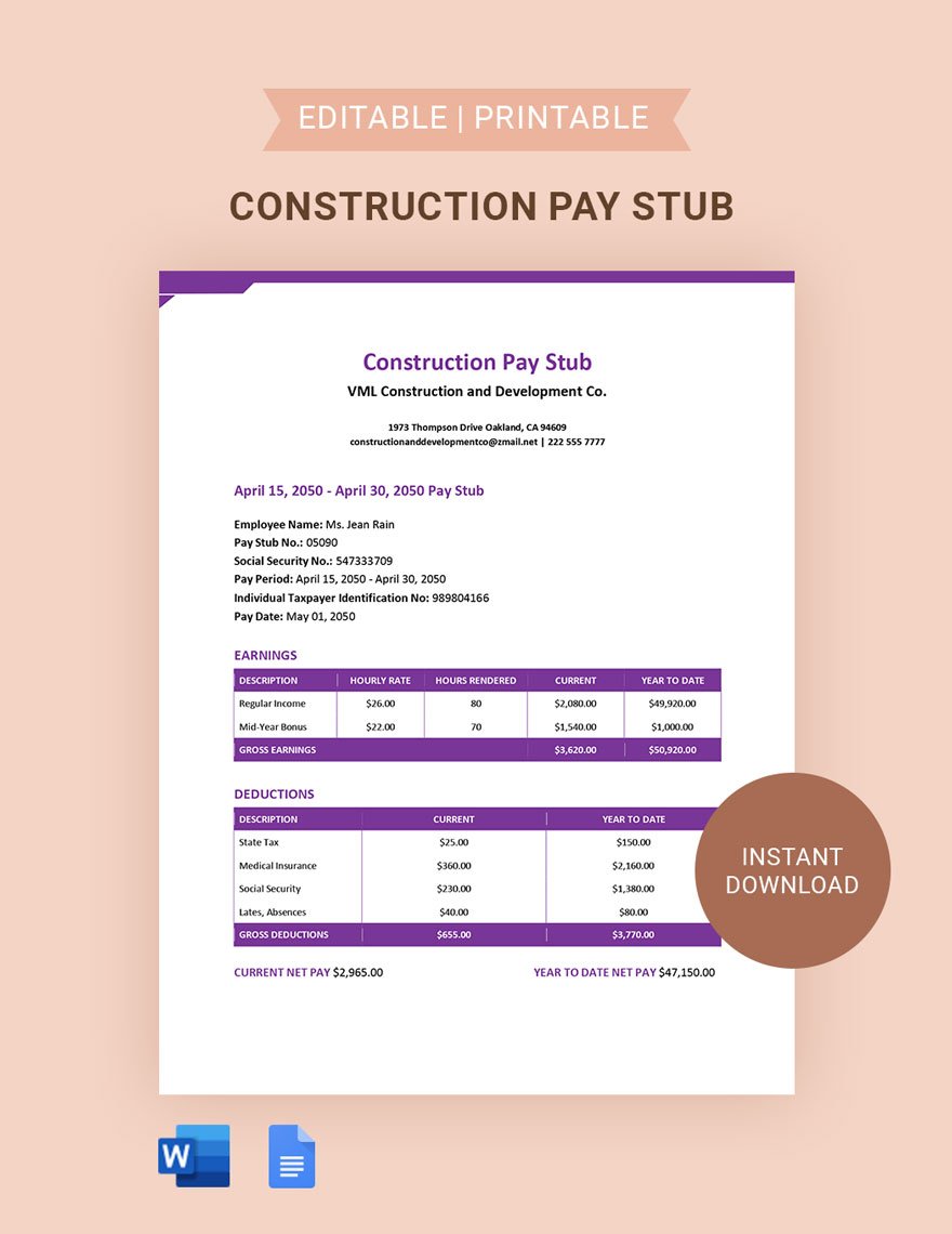 Construction Pay Stub Template