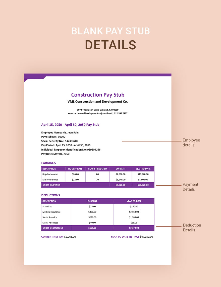 Construction Pay Stub Template