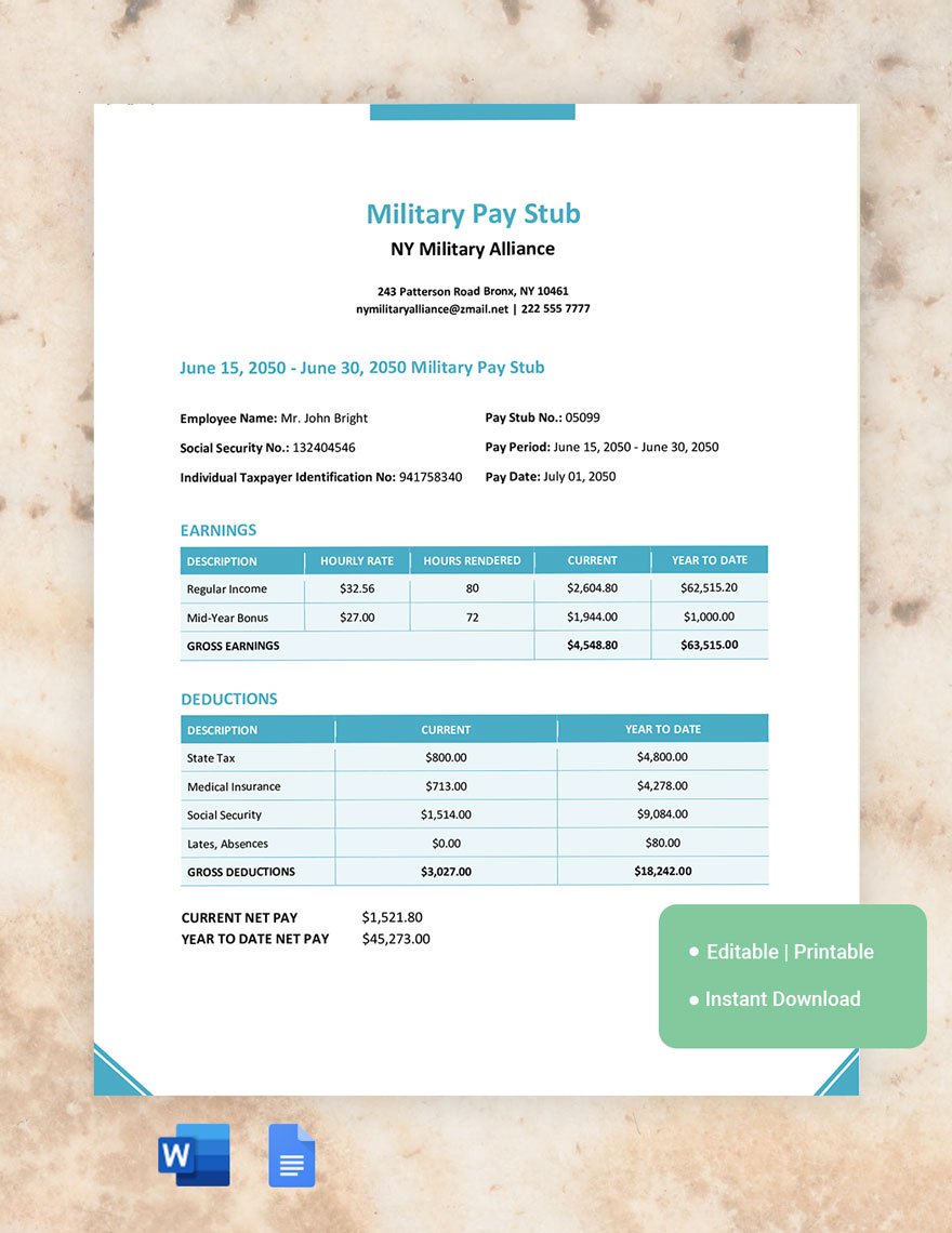 Military Pay Stub Template