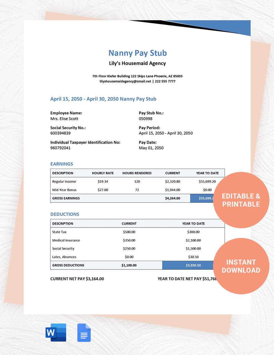 Nanny Pay Stub Template in Word, Google Docs, Pages - Download | Template.net