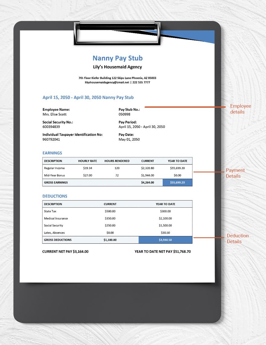 Nanny Pay Stub Template Download in Word, Google Docs, Apple Pages