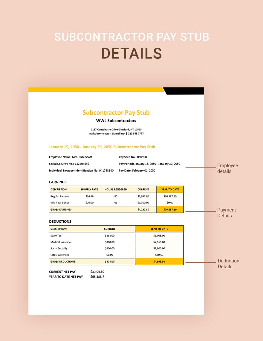 Subcontractor Pay Stub Template