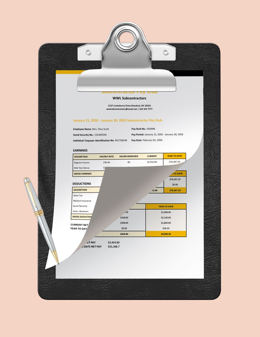 Subcontractor Pay Stub Template