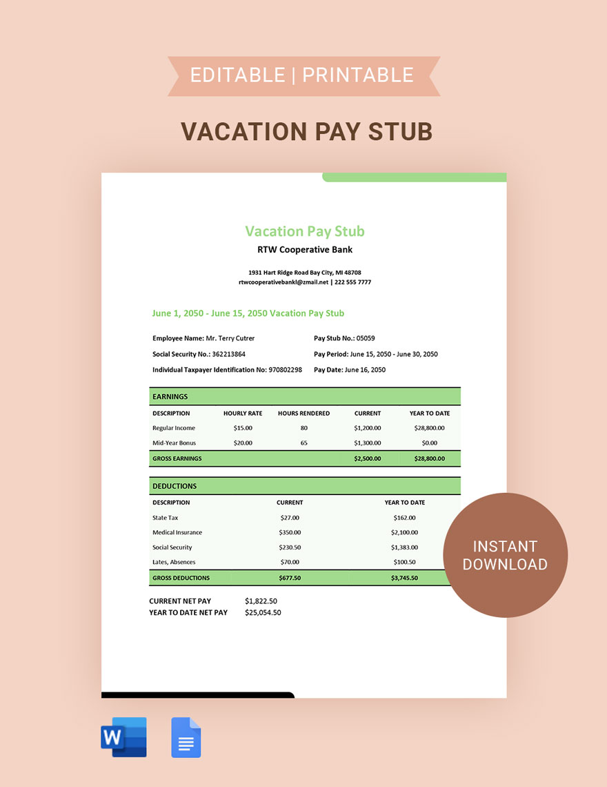 Vacation Pay Stub Template in Word, Google Docs, PDF, Apple Pages