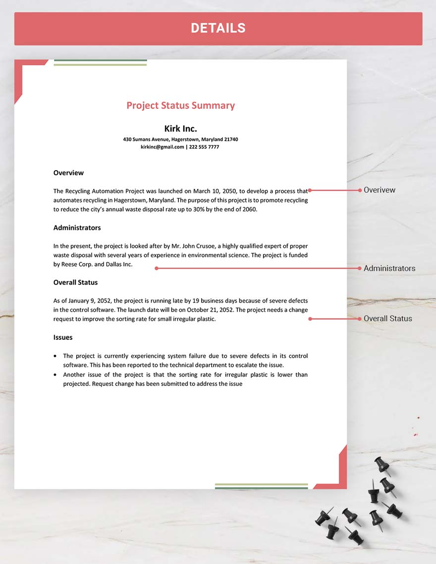Project Status Summary Template